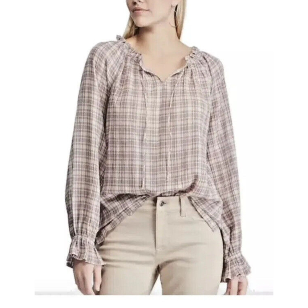Chaps Women's Split Neck Crinkle Peasant Top Long Sleeve Print Size Large